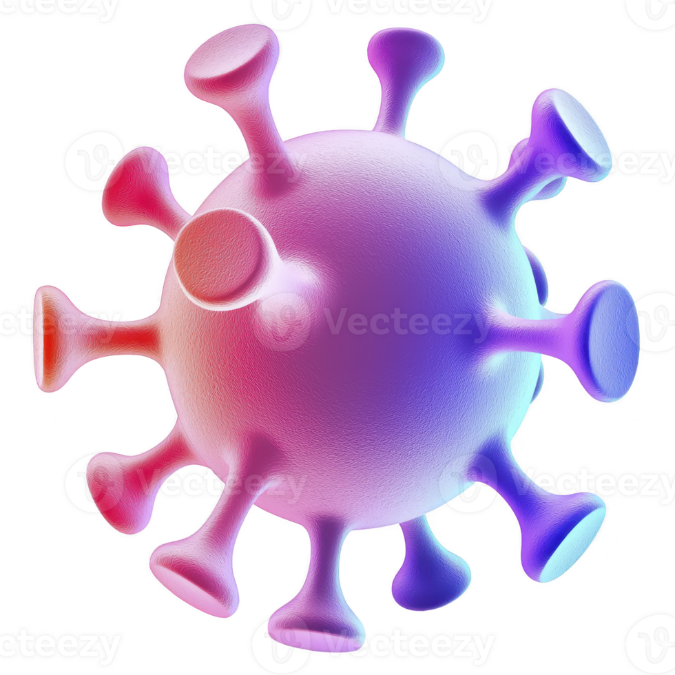3D illustration of virus particle with spherical shape and spike like protrusions, featuring gradient of pink, purple, and blue colors png