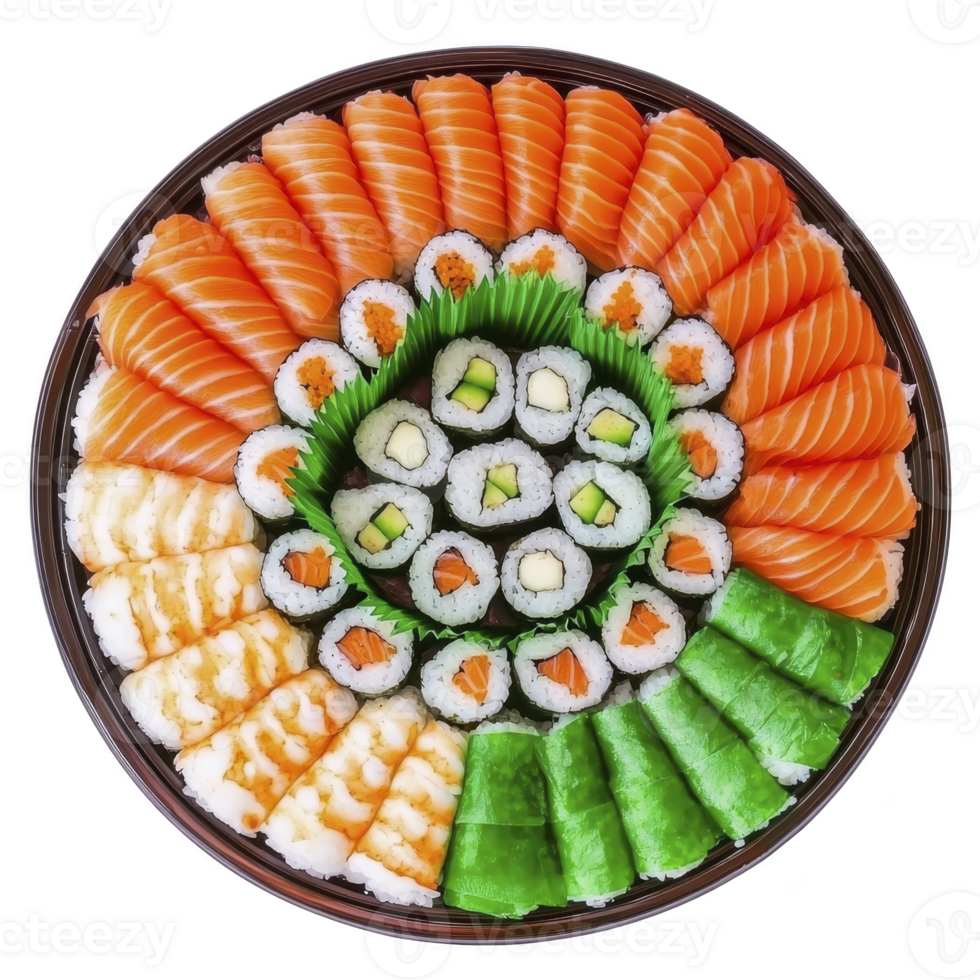 Beautifully arranged sushi platter featuring variety of sushi rolls and nigiri, including salmon, shrimp, and avocado, presented circular pattern. vibrant colors and fresh ingredients create png