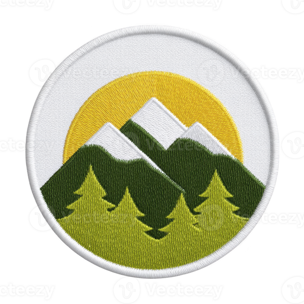 Round embroidered patch features design of green mountains with white peaks against yellow sun, surrounded by green trees. patch has white border, creating clean and vibrant outdoor theme png
