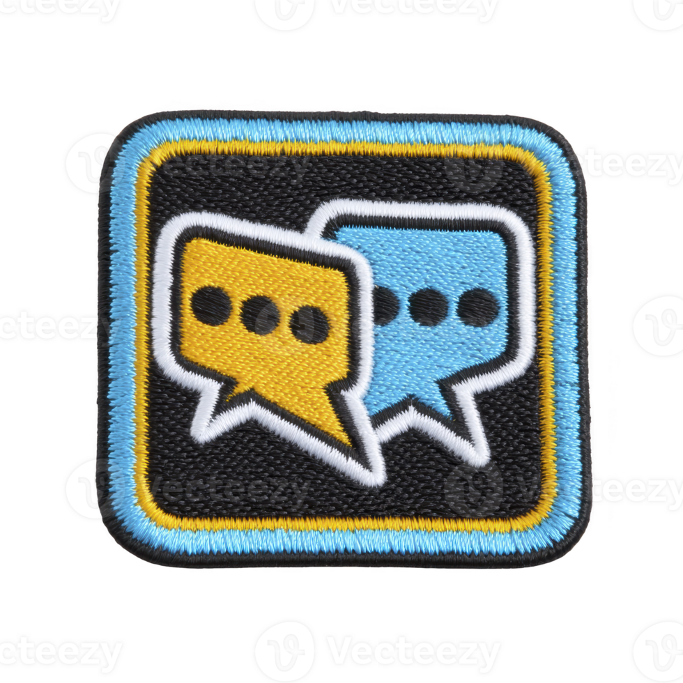 Colorful embroidered patch featuring two speech bubbles, one yellow and one blue, on transparency background with blue and yellow border. design symbolizes communication and conversation png