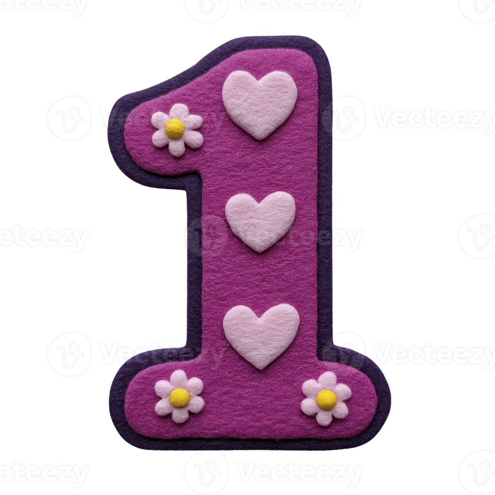 Purple felt number one with heart and flower decorations, creating playful and cheerful design png
