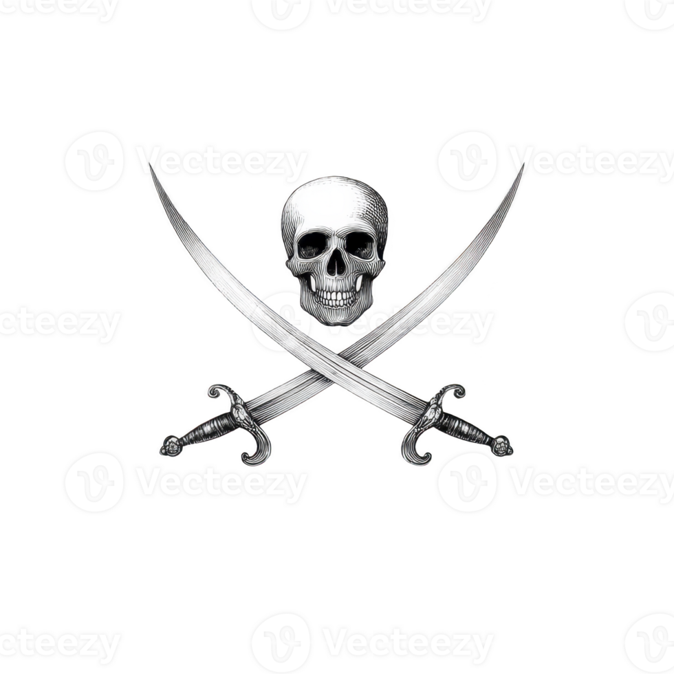 Skull and crossbones with crossed swords symbolizes piracy and danger. design features detailed skull above two crossed swords, evoking sense of adventure and rebellion png