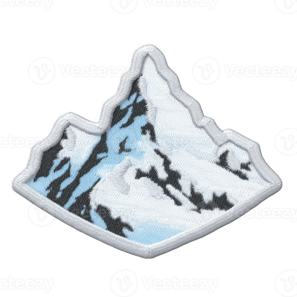 Mountain patch with embroidered snowy peaks and blue accents, featuring jagged design. Ideal for outdoor enthusiasts and adventure themed apparel png