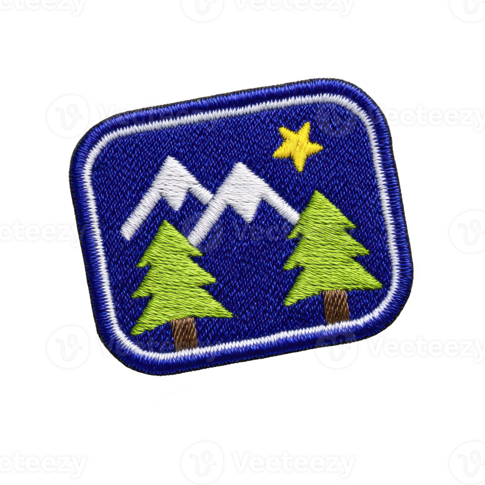 Rectangular embroidered patch features mountain scene with two green trees and yellow star on blue background, symbolizing adventure and nature png