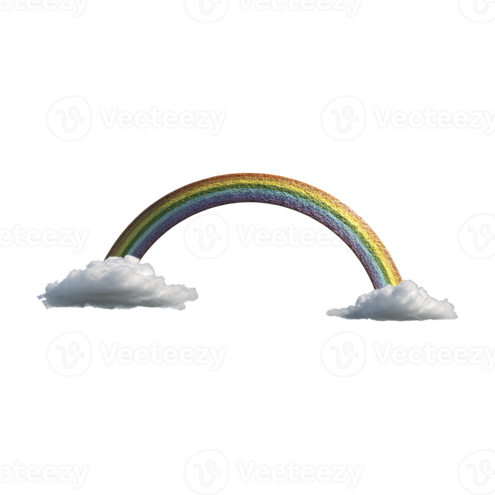 Vibrant rainbow arches between two fluffy clouds against transparent background, symbolizing hope and positivity. colorful spectrum creates cheerful and uplifting scene png