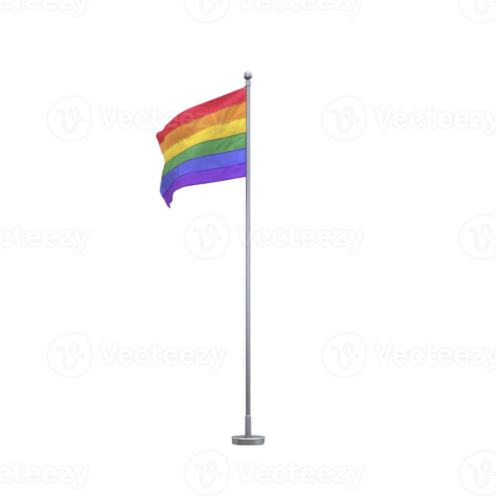 Vibrant rainbow flag waves proudly on tall flagpole, symbolizing diversity and inclusion. flag colors stand out against clear background, representing unity and pride png