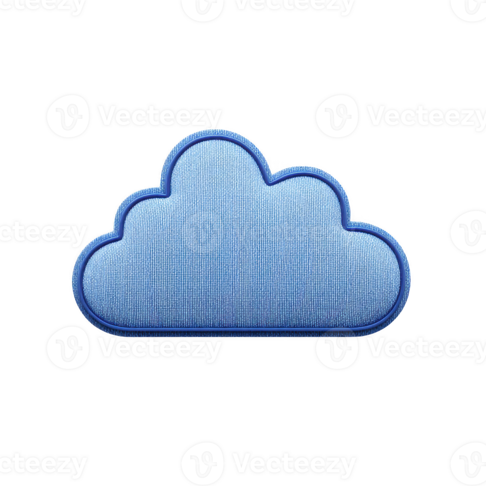 Blue cloud shaped fabric patch with textured surface and outlined edges, isolated on transparency background. patch has soft and playful appearance, suitable for clothing or accessories png