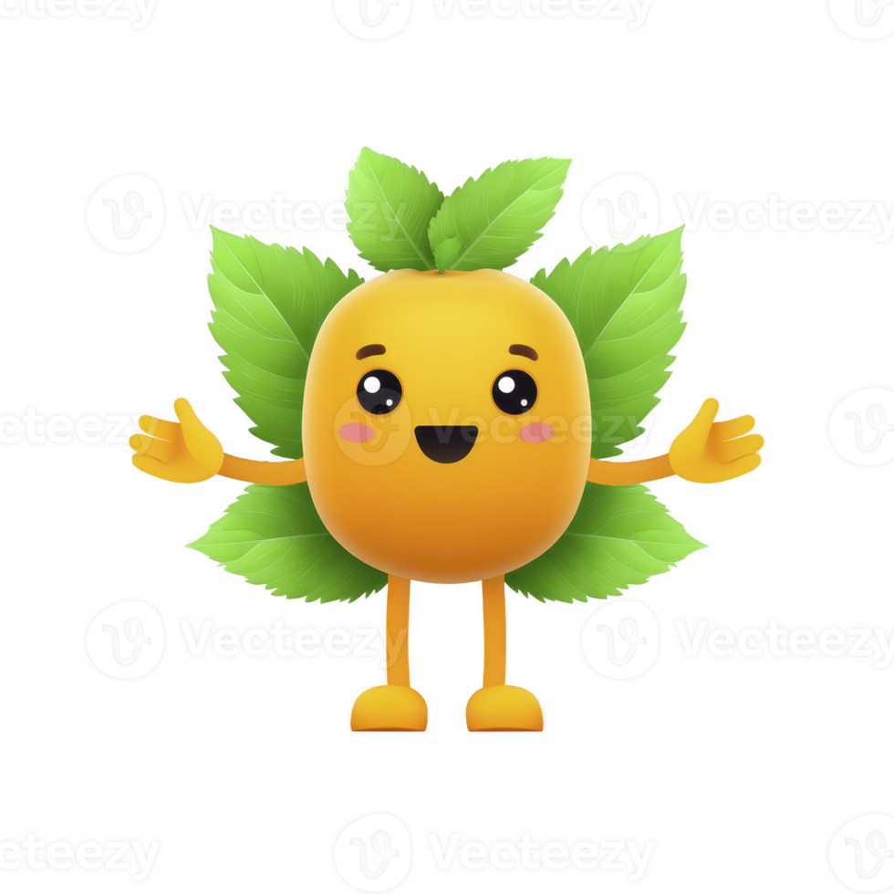 Cute, smiling cartoon fruit character with green leaf arms and legs, expressing joy. character is yellow with round body and simple facial features, standing on transparency background png