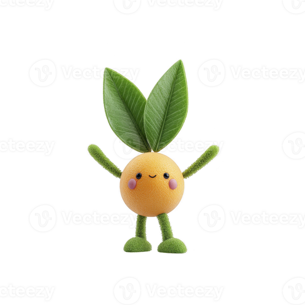 Cute, smiling orange character with green leaf arms and legs stands cheerfully, featuring playful expression. character design is simple and whimsical, appealing to sense of fun and creativity png