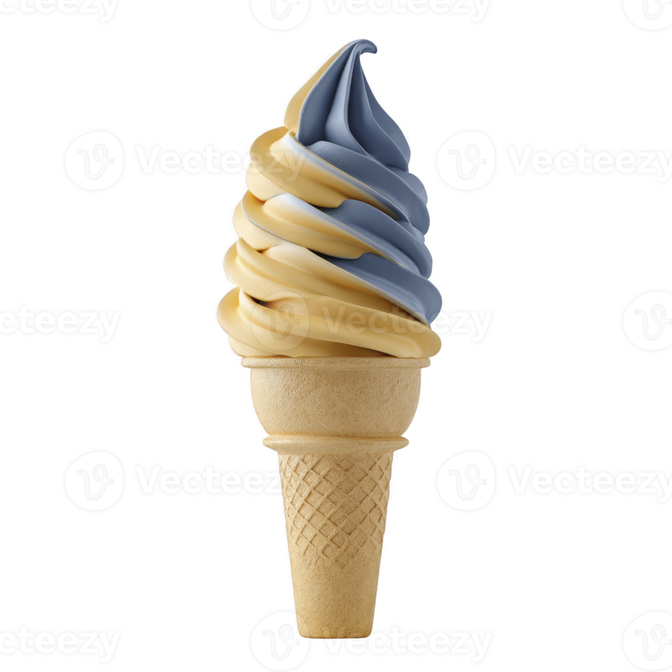 Swirl of blue and yellow soft serve ice cream sits atop classic waffle cone, creating visually appealing and delicious treat. smooth texture and vibrant colors make it perfect for refreshing png