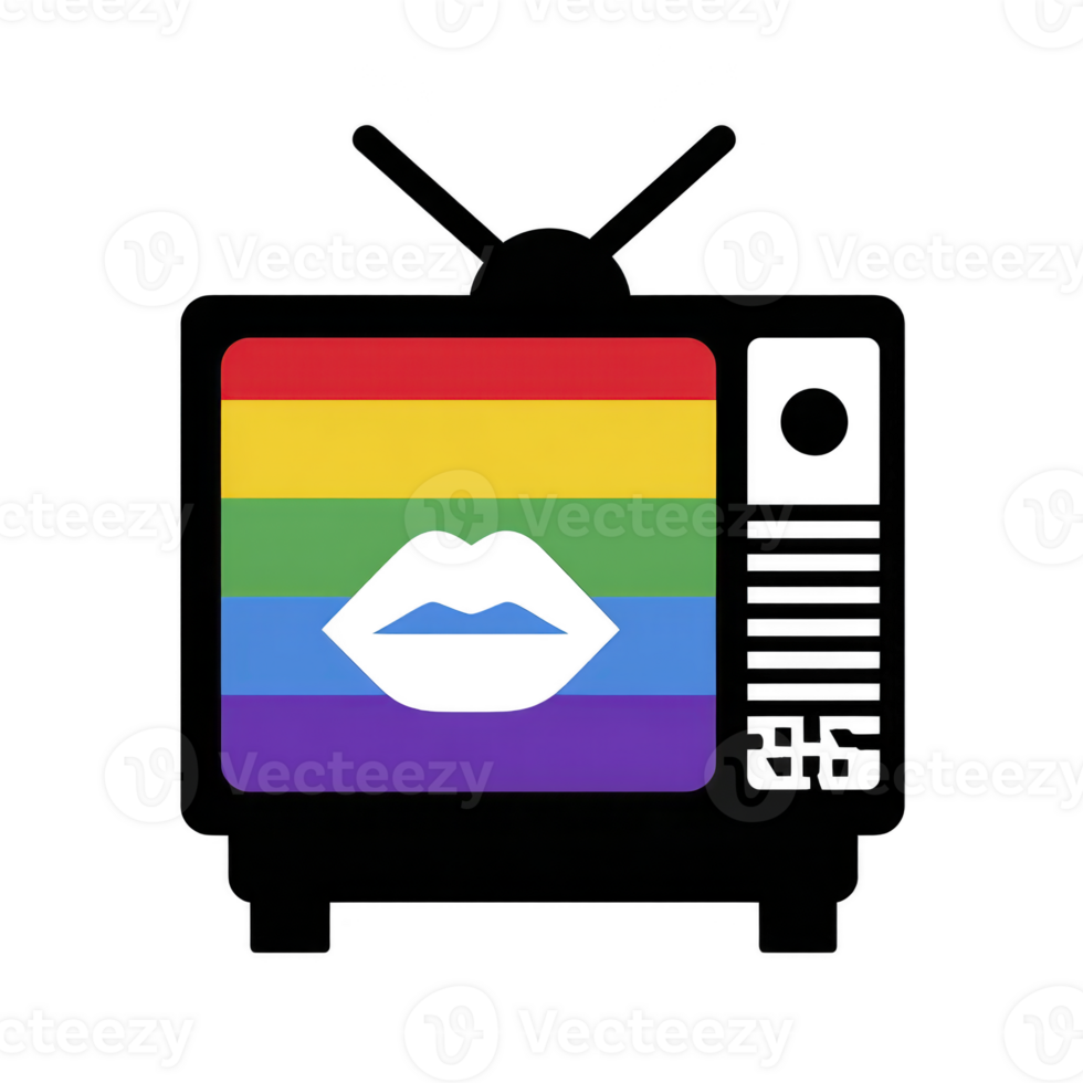 Retro television with rainbow flag screen and black lips icon symbolizes diversity and inclusion in media. vibrant colors and bold design convey message of pride and acceptance png