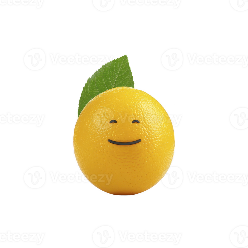 Cheerful yellow lemon with smiling face and green leaf on top, isolated on transparency background, creates playful and whimsical image png