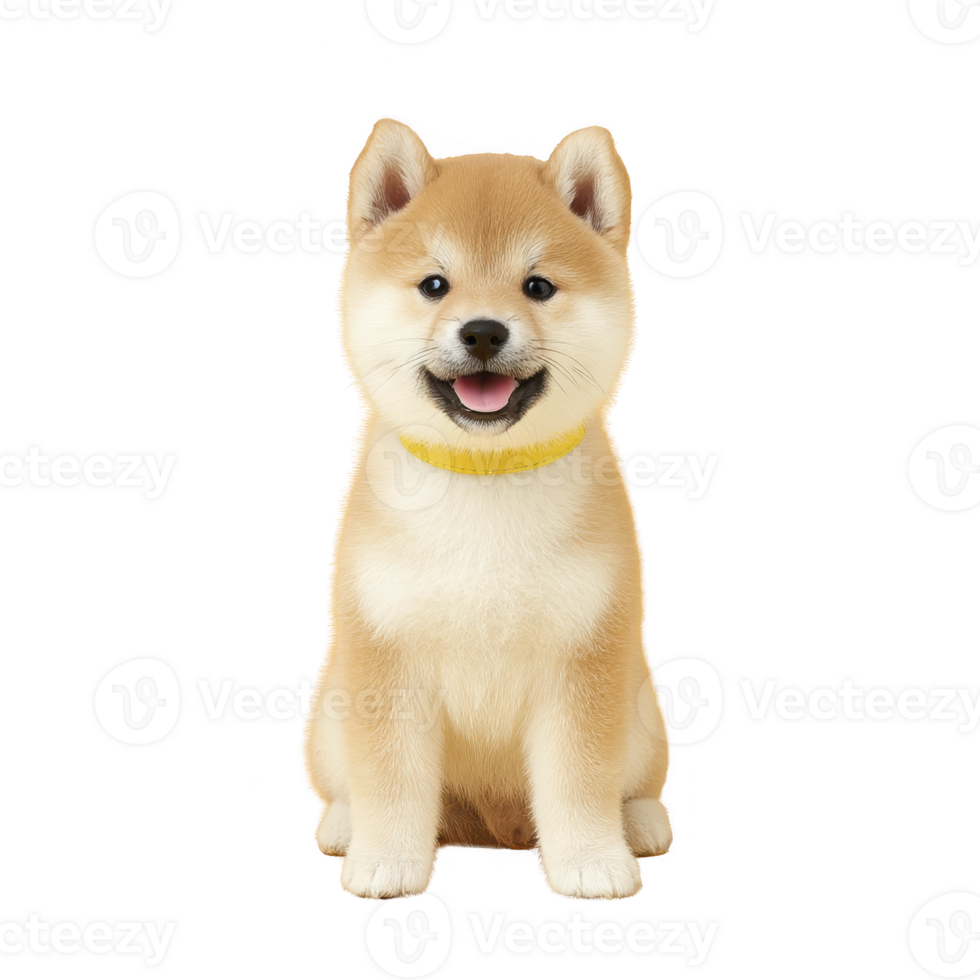 Cute Shiba Inu puppy with yellow collar sits happily, showcasing its fluffy fur and adorable expression. puppy ears are perked up, adding to its playful and charming demeanor png