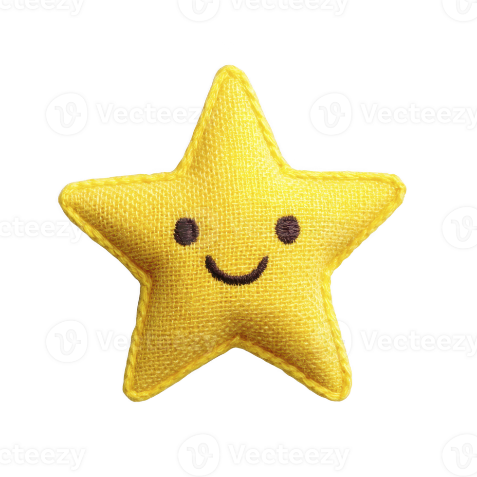 Cute, smiling yellow star shaped plush toy with simple embroidered face, perfect for children decor or as cheerful gift png
