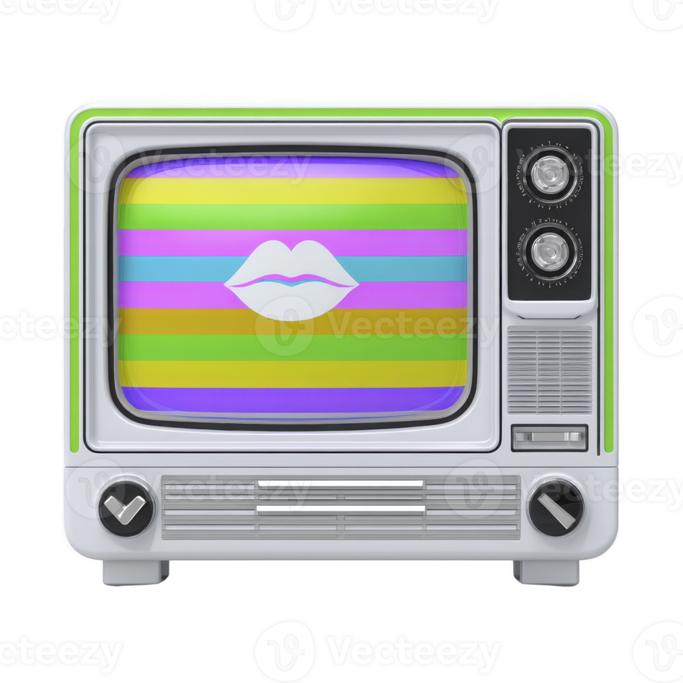 Retro television with colorful striped screen displays white lips icon, evoking sense of nostalgia and pop art style. vintage design contrasts with vibrant modern graphics png