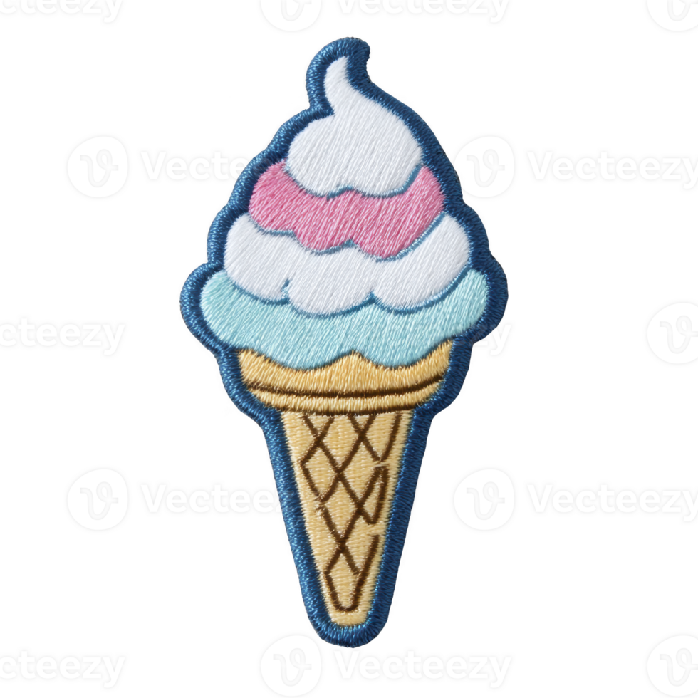 This features embroidered patch of ice cream cone with blue outline. cone has waffle pattern, and ice cream is swirled with white, pink, and blue colors, creating playful and cheerful design png