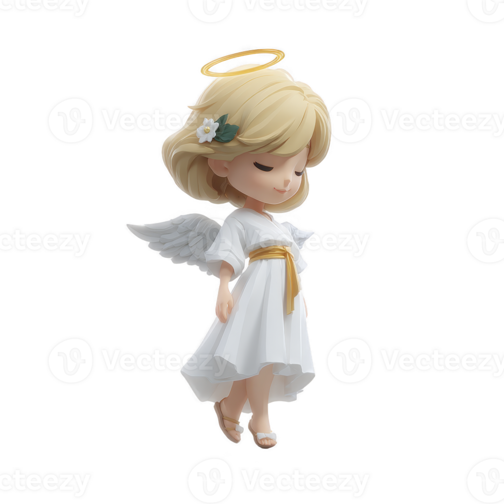 Cute angelic figurine with blonde hair, halo, and white wings, wearing white dress with golden sash, exudes serene and peaceful aura png