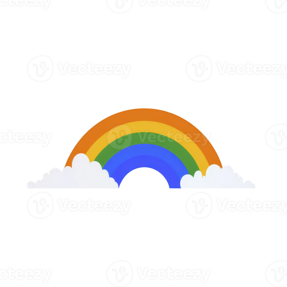Vibrant rainbow arches over fluffy white clouds against clear background, showcasing spectrum of colors from red to violet. simple and cheerful design evokes sense of joy and wonder png
