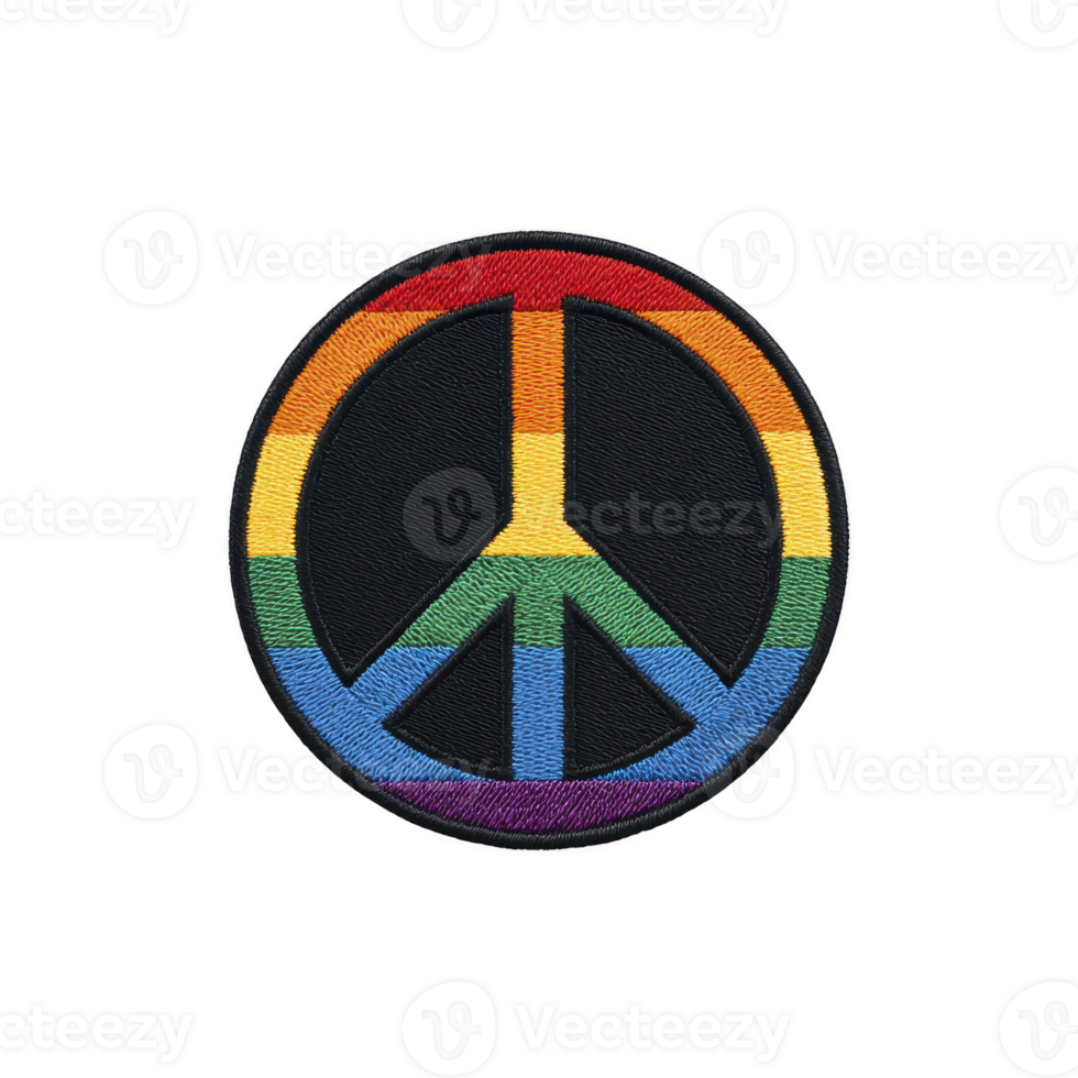 Round patch features peace symbol with vibrant rainbow colors, symbolizing diversity and harmony. design is embroidered on transparency background, creating striking contrast png