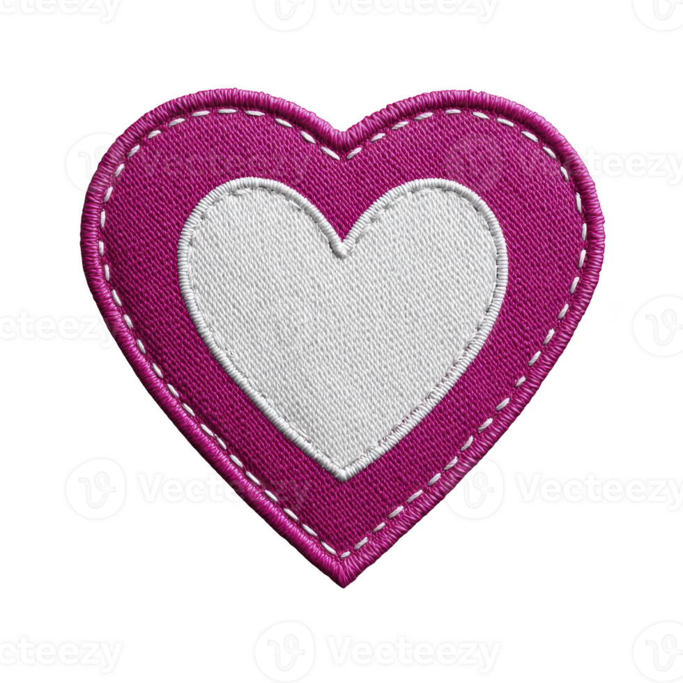Vibrant pink heart patch with white center, featuring detailed stitching and textured fabric appearance, set against transparency background png