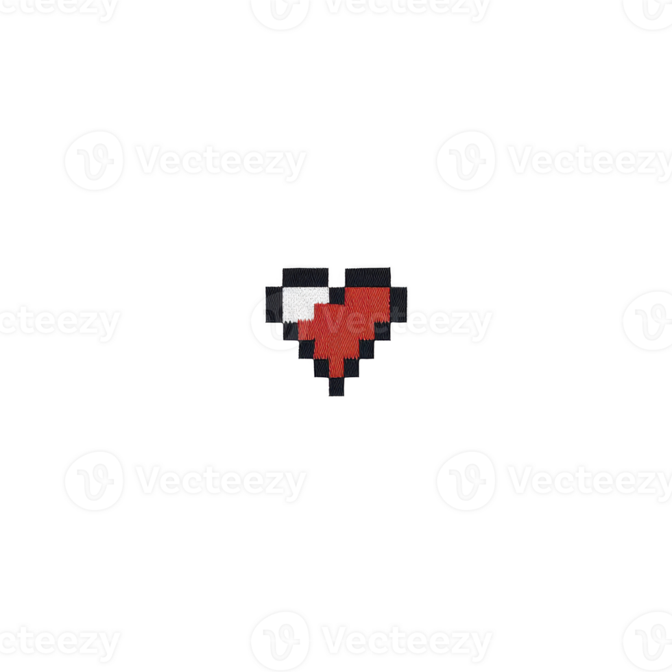 Pixelated red heart with retro design, featuring simple and nostalgic style, often associated with games and digital art. heart is composed of red, white, and black pixels png