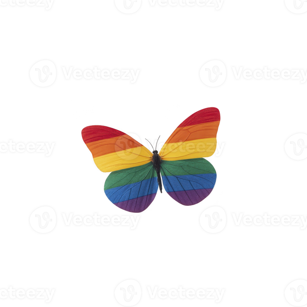 Vibrant butterfly with rainbow colored wings symbolizes diversity and inclusivity, set against plain background. colorful pattern evokes sense of joy and freedom png
