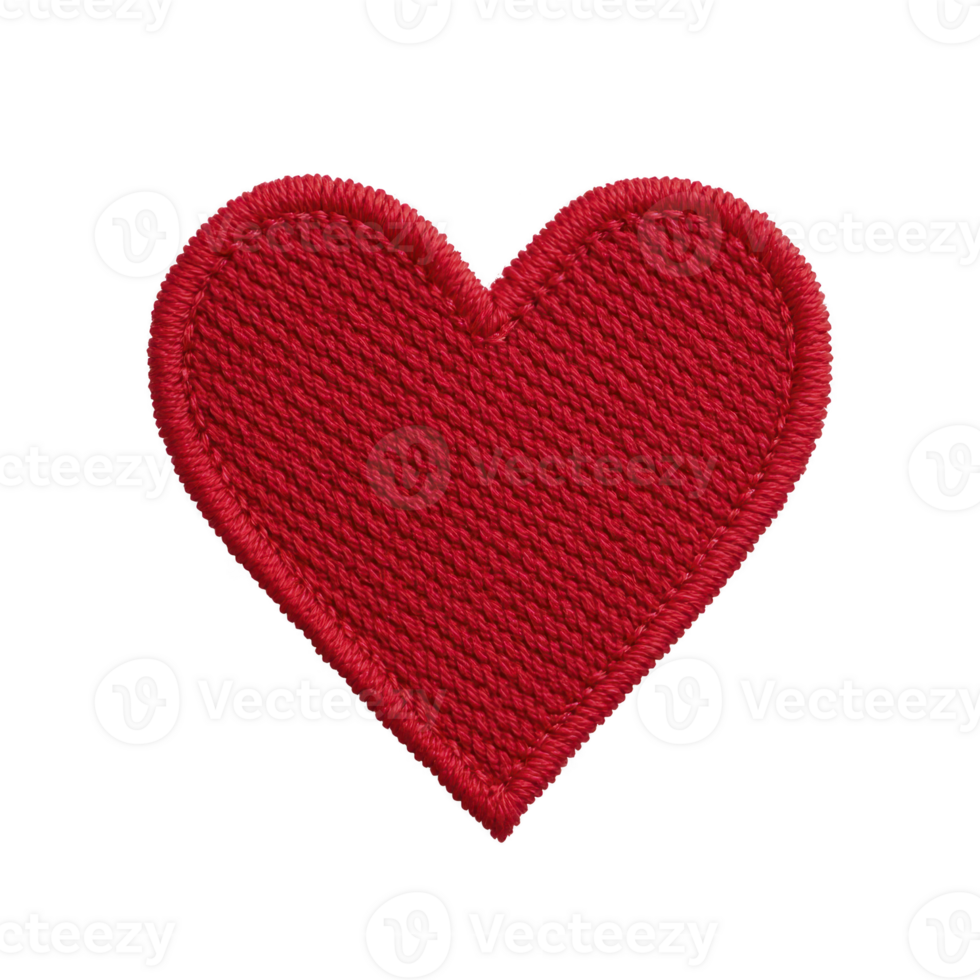 Red embroidered heart patch with textured surface, perfect for adding touch of love to clothing or accessories. vibrant color and detailed stitching create charming and heartfelt design png