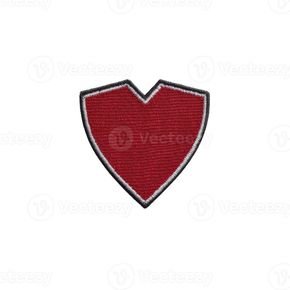 Red heart shaped patch with gray border, symbolizing love and affection. patch is embroidered, giving it textured appearance, and is isolated on transparency background png