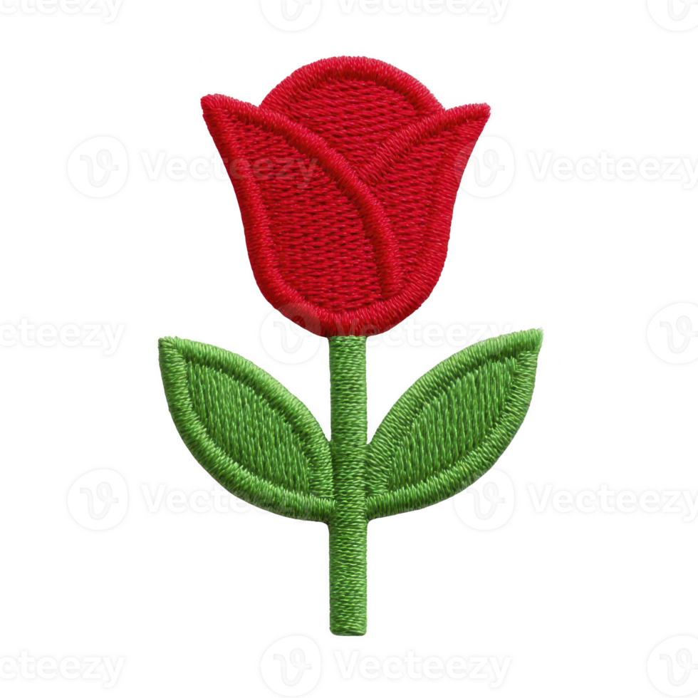 Vibrant red rose embroidery patch with green leaves and stem, showcasing intricate stitching on transparency background. Perfect for adding floral touch to clothing or accessories png