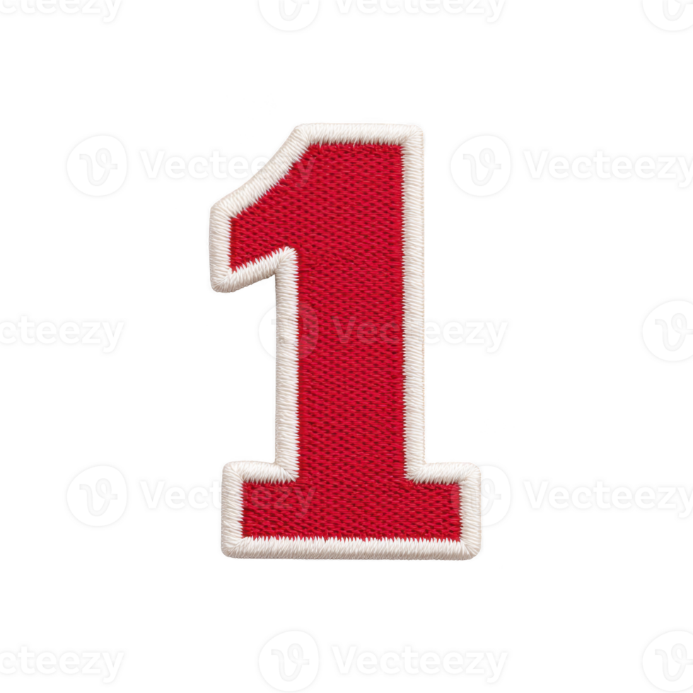 Red embroidered number one patch with white border on transparency background, symbolizing achievement or ranking png