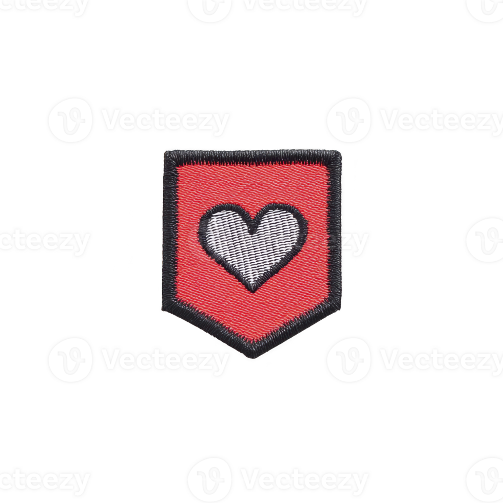 Red embroidered patch with black border features white heart in center, symbolizing love and affection. patch has shield like shape, adding sense of protection.red embroidered patch png