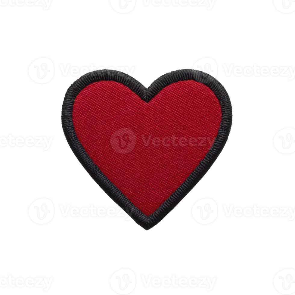 Red heart shaped fabric patch with black border, symbolizing love and affection, isolated on transparency background png