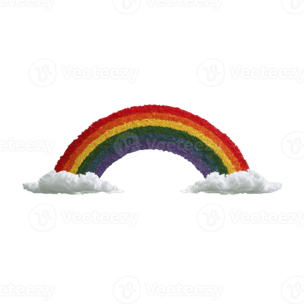 Vibrant rainbow with six colorful arcs stretches between two fluffy white clouds, symbolizing hope and positivity. colors transition smoothly from red to purple, creating cheerful and uplifting png