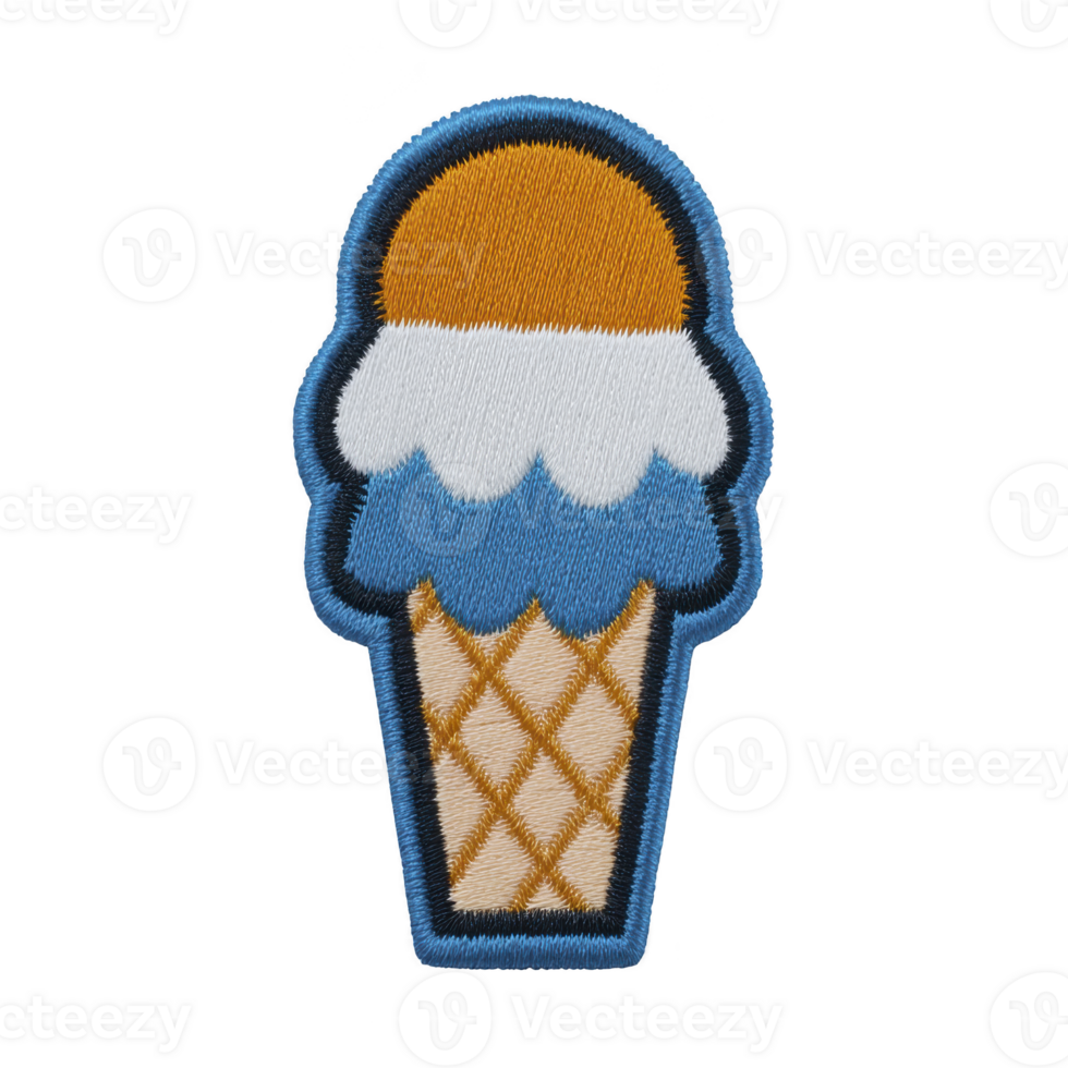 Embroidered patch of ice cream cone with blue border, featuring waffle cone and two scoops of ice cream in orange and white. design is playful and colorful png