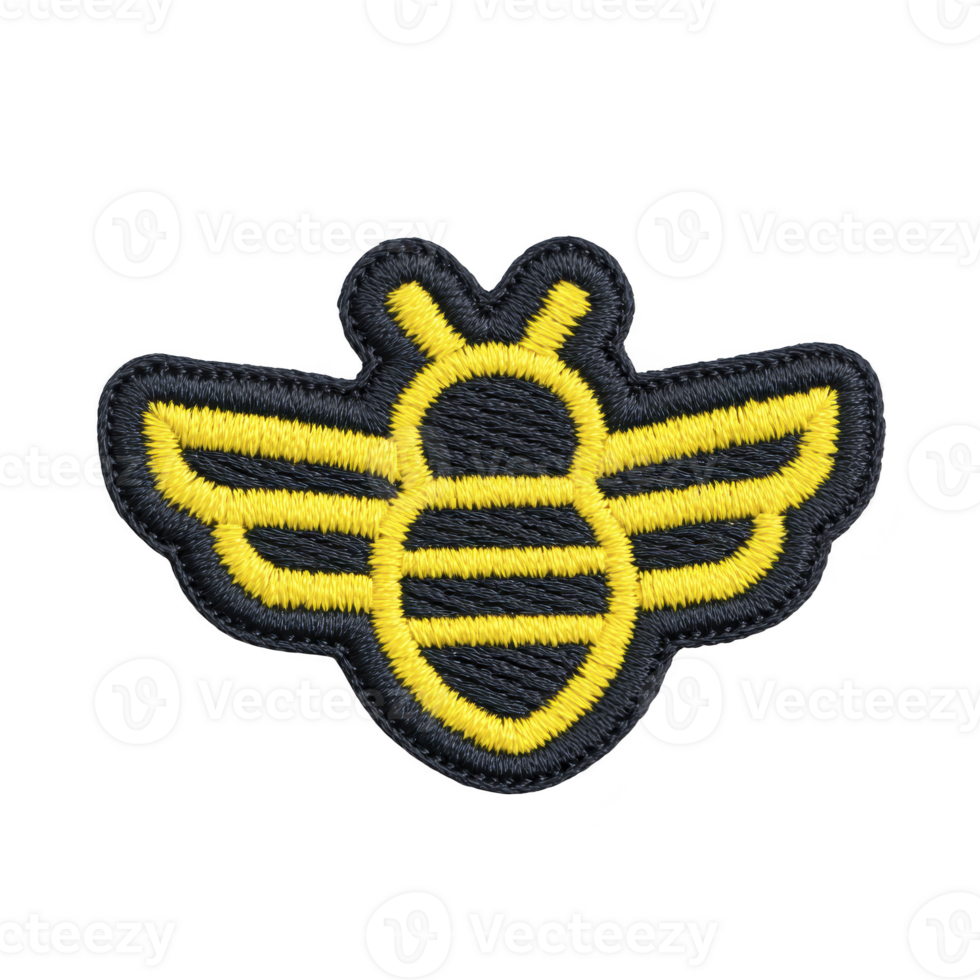 Vibrant embroidered bee patch with yellow and black stitching, showcasing simple yet charming design. Perfect for adding playful touch to clothing or accessories png