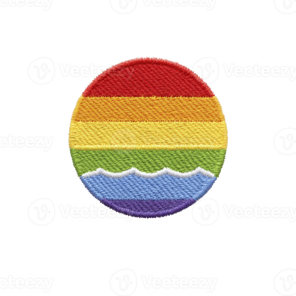 Round embroidered patch features horizontal stripes in rainbow colors, symbolizing diversity and inclusion. vibrant design is often associated with pride and equality movements png
