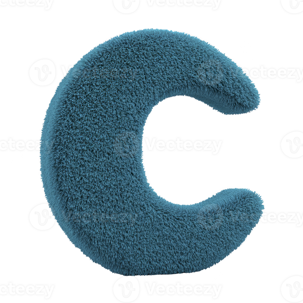 Fluffy, blue, crescent shaped pillow with soft texture, resembling letter C. It appears cozy and inviting, ideal for decorative or comfort purposes png