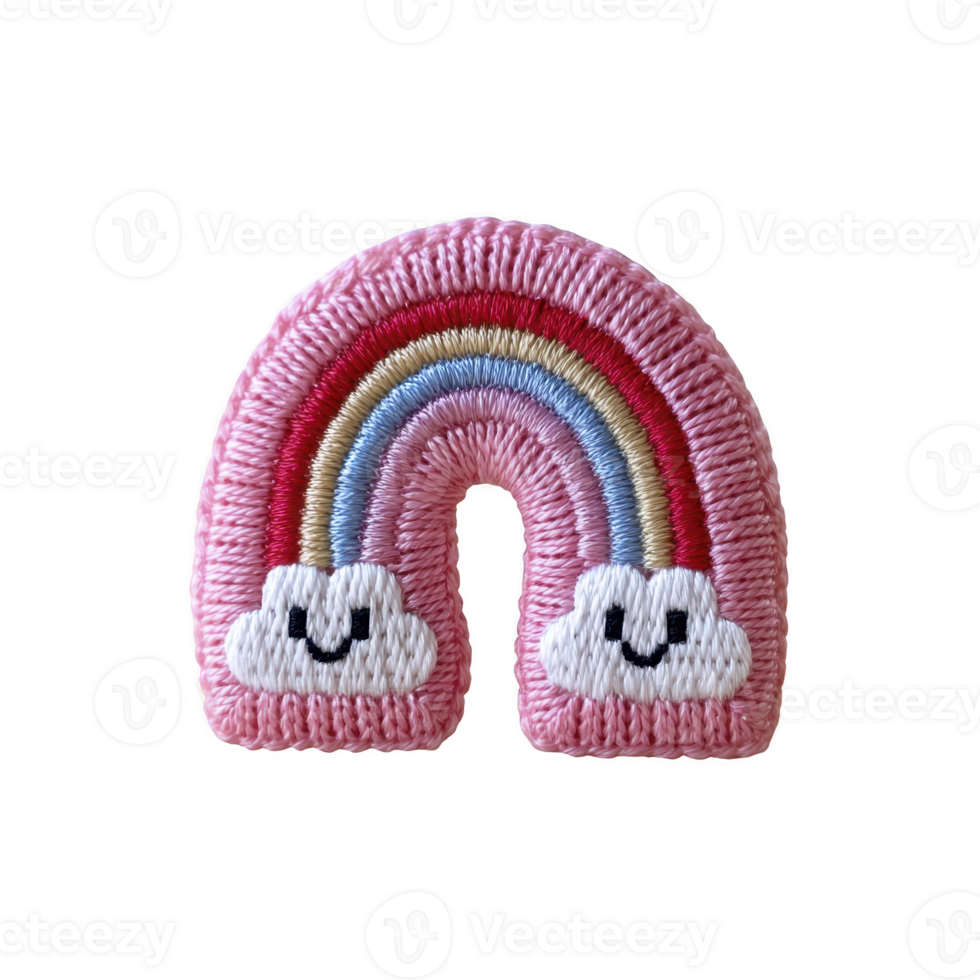 Colorful embroidered patch features smiling rainbow with fluffy clouds on pink background, evoking sense of joy and whimsy png