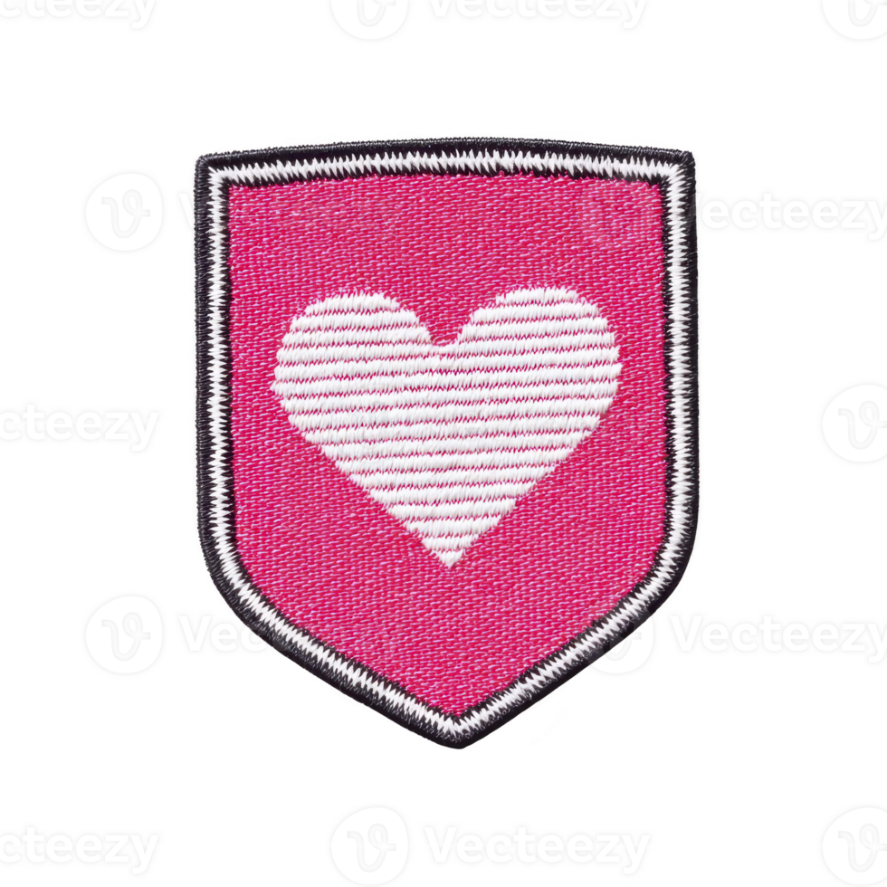 Pink embroidered patch features white heart design in center, outlined with black border. patch has shield shape, giving it bold and stylish appearance png