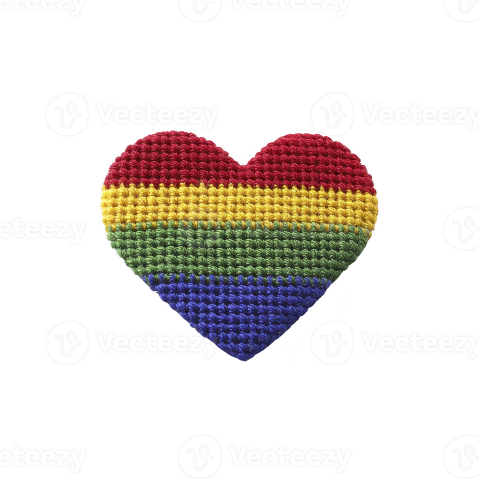 Colorful heart shaped patch with rainbow stripes symbolizes diversity and inclusion. vibrant design is crafted with textured, woven appearance, evoking sense of unity and pride png