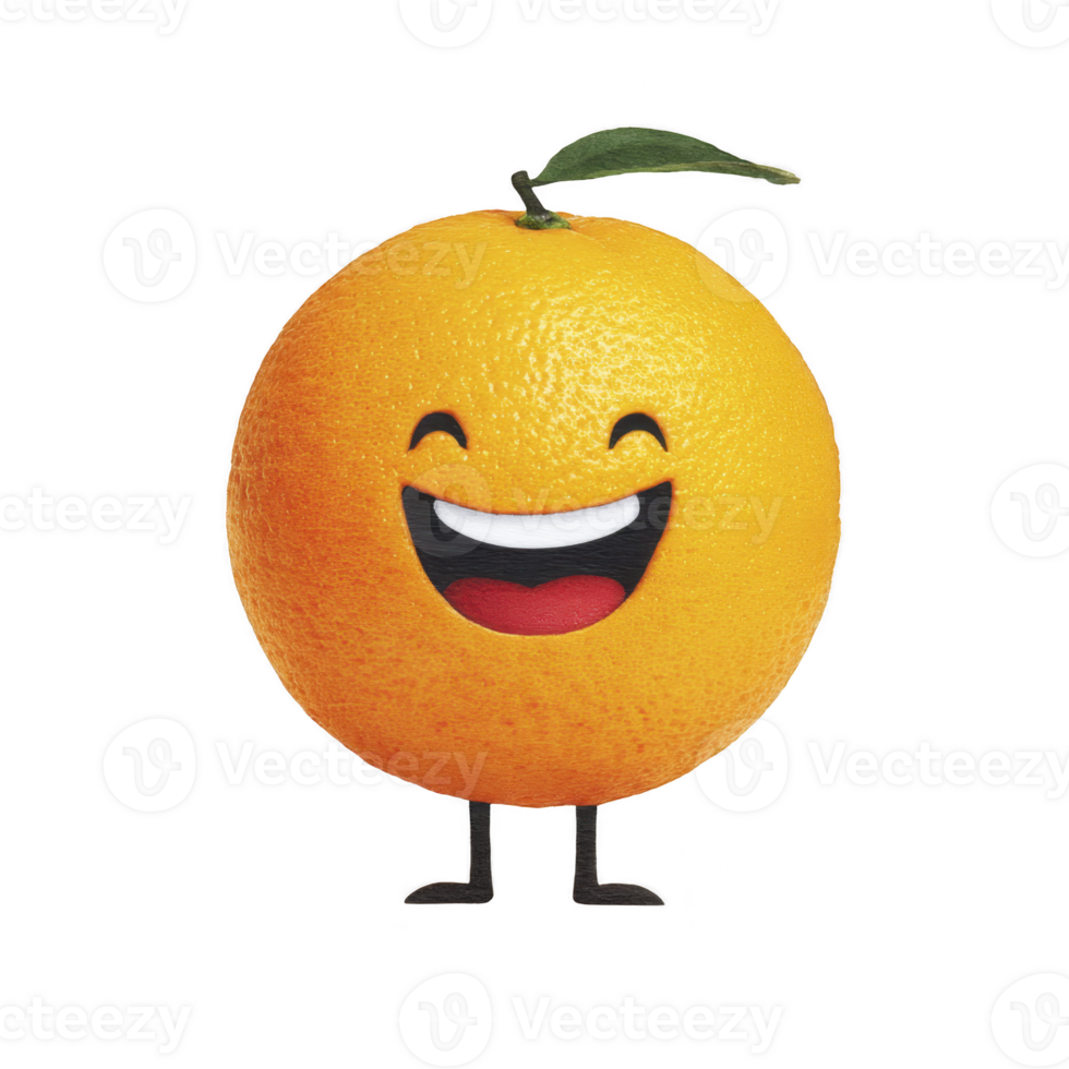 Cheerful orange with smiling face and cartoon legs, expressing joy and playfulness. vibrant fruit is depicted with single green leaf on top, adding whimsical touch png