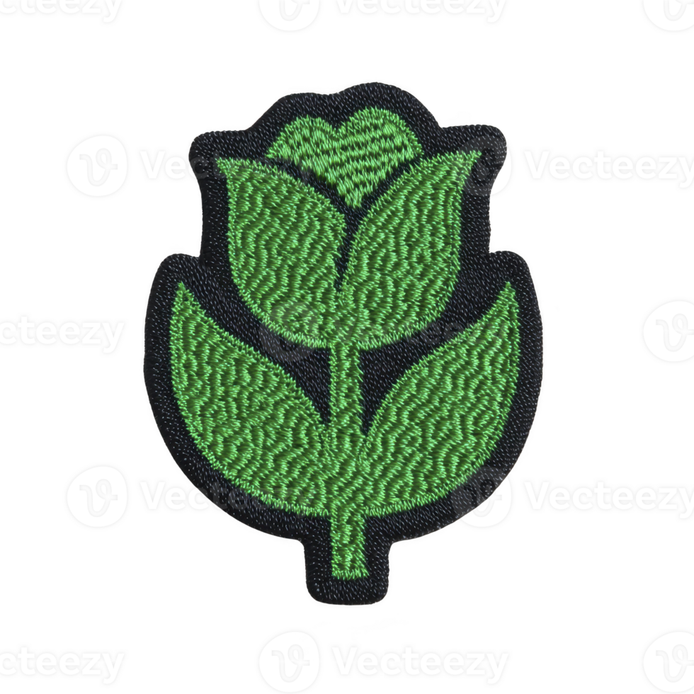 This shows green embroidered patch shape of stylized flower with leaves, set against transparency background. design is simple and decorative.Green embroidered flower patch transparency background png