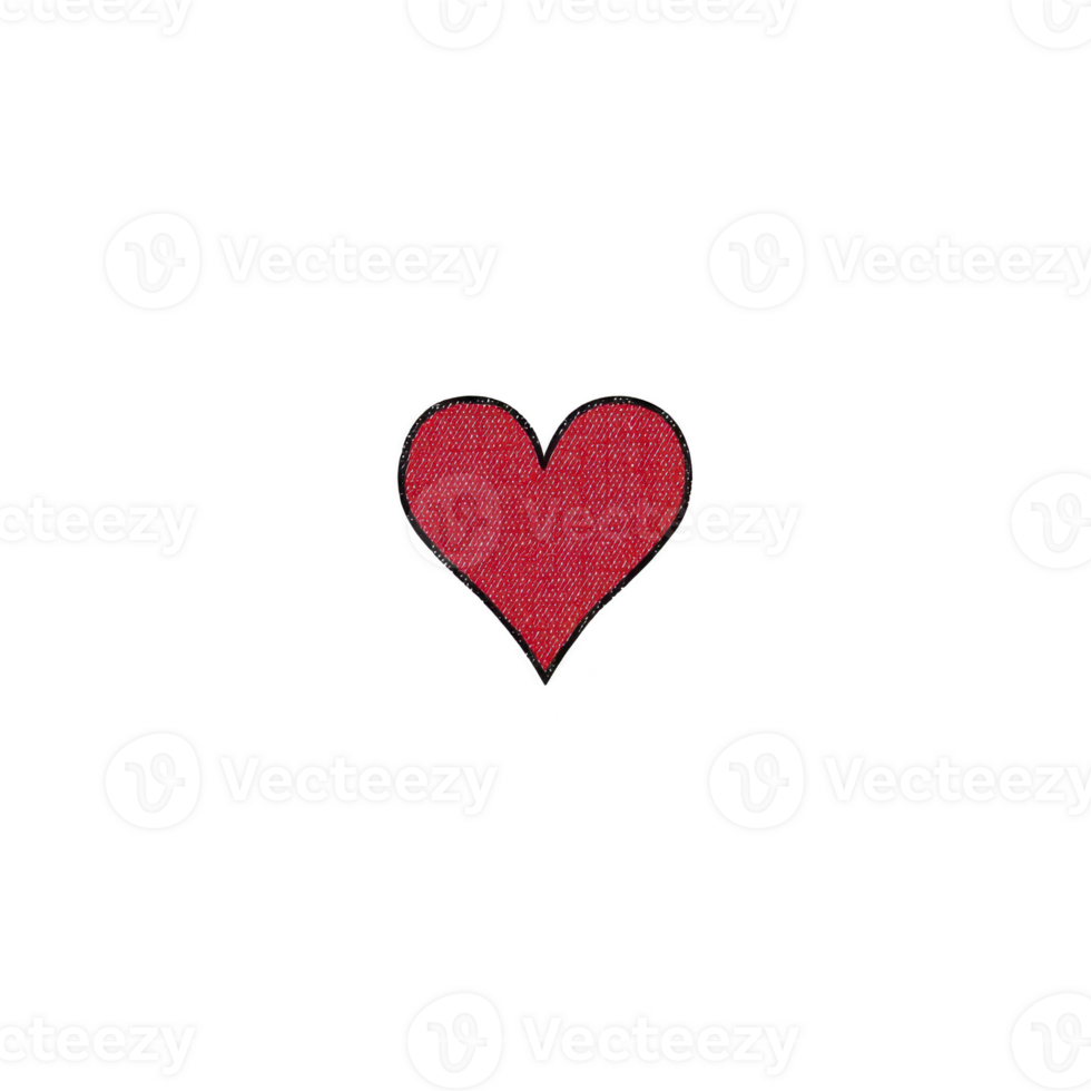 Red heart patch with textured fabric appearance, outlined in black, isolated on transparency background. simple design conveys love and affection, suitable for crafts or fashion png
