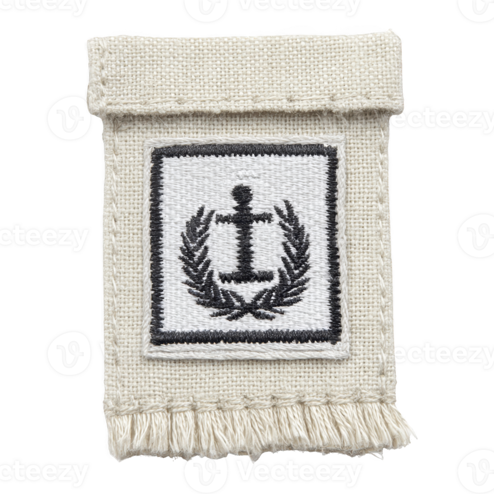 Fabric patch with embroidered anchor and laurel design, symbolizing maritime themes. patch is rectangular with fringed edges, featuring black and white color scheme png