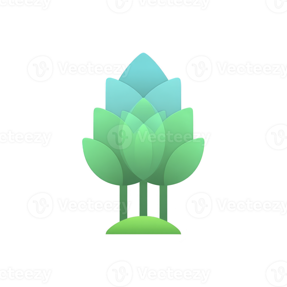 Stylized, abstract tree design with overlapping green and blue leaves creates harmonious and eco friendly symbol. layered leaves form symmetrical, modern representation of nature png