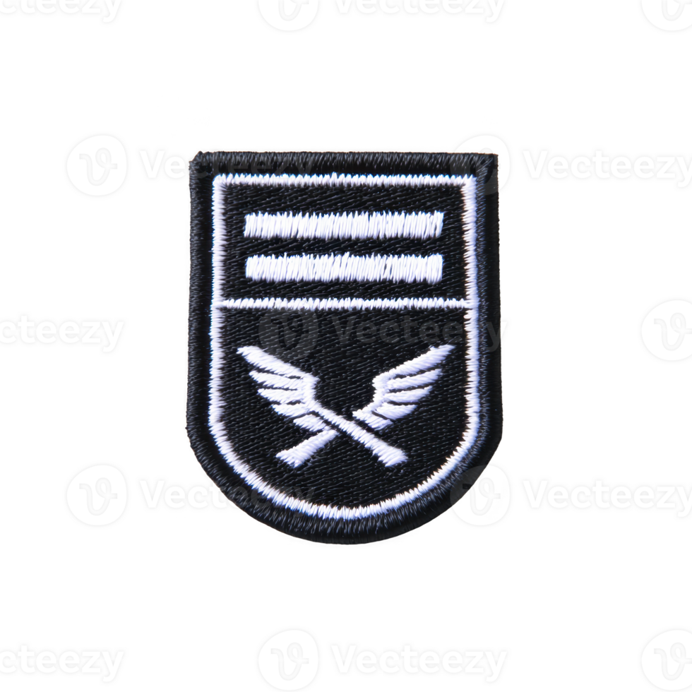 This shows black and white embroidered patch featuring two crossed wings and three horizontal bars above them. design is simple and symmetrical.Patch with crossed wings and bars, black and white png