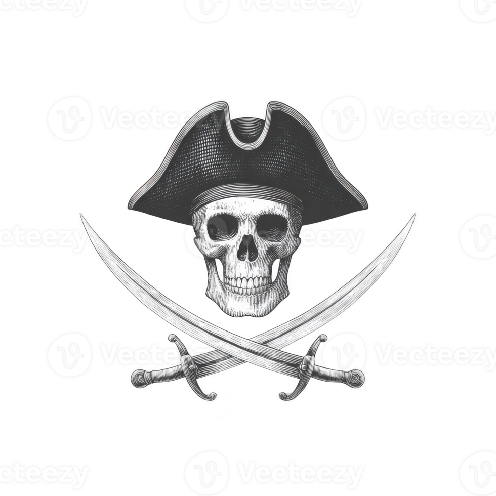 Skull wearing pirate hat is depicted with crossed swords beneath it, symbolizing piracy and adventure. illustration is detailed and evokes sense of mystery and danger png