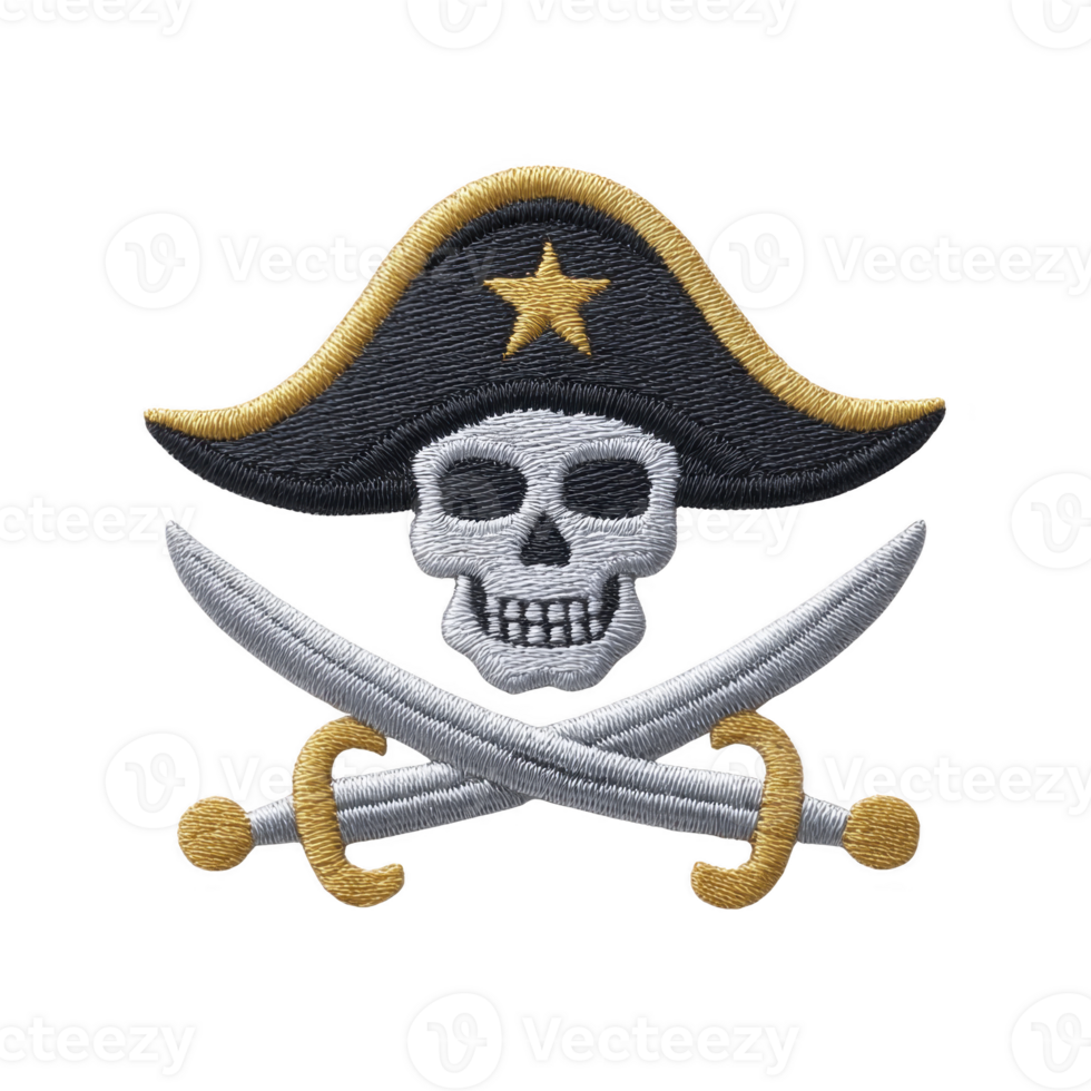 Pirate skull with crossbones and hat featuring star is depicted in this embroidered design, evoking sense of adventure and mystery png