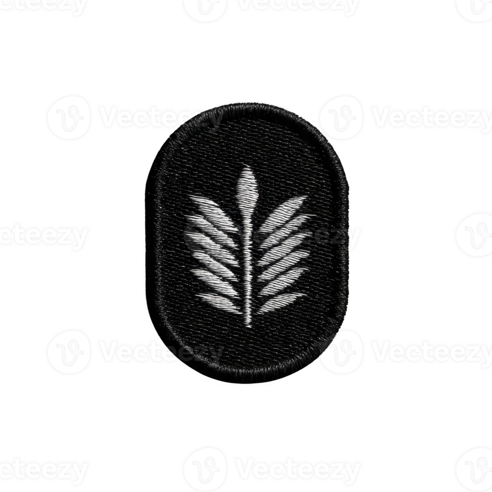 This features black oval patch with white embroidered leaf design, symbolizing nature and simplicity. monochrome color scheme adds classic touch to design png