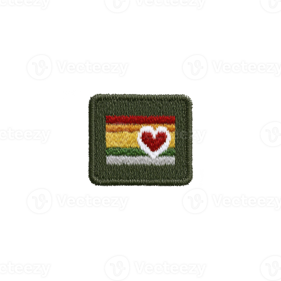 Square embroidered patch features colorful horizontal stripe design with heart symbol in center, set against dark green border. vibrant colors and heart create cheerful and inclusive vibe png